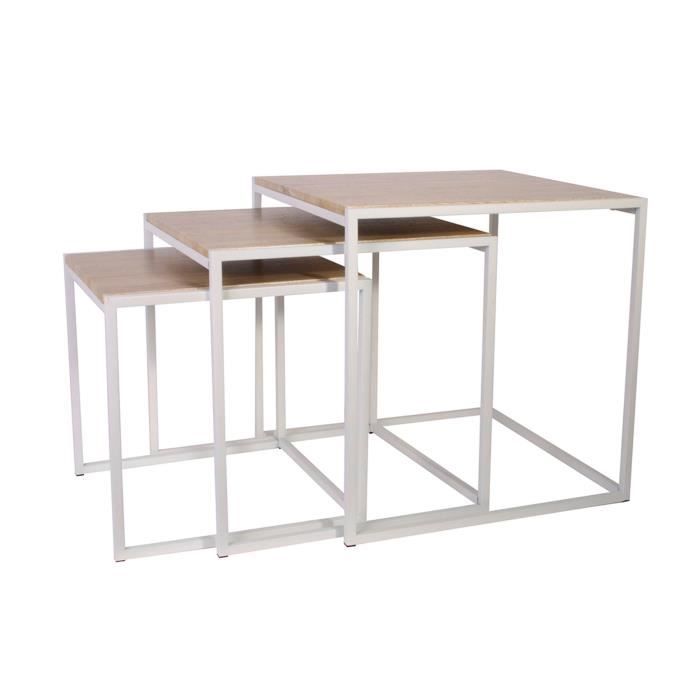 lot de 3 tables gigognes carrées en bois et métal blanc