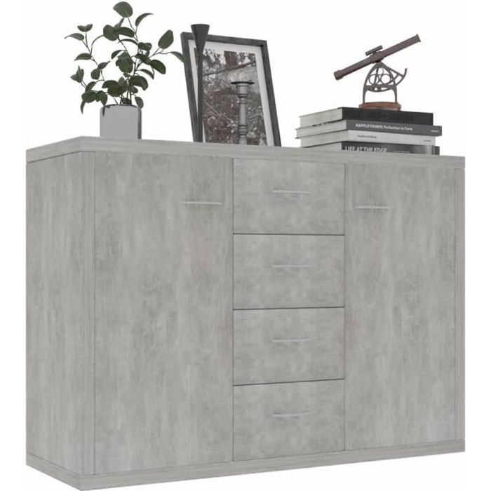 Buffet de cuisine contemporain - Style Élégance Chic - Gris béton - 4 tiroirs et 2 portes