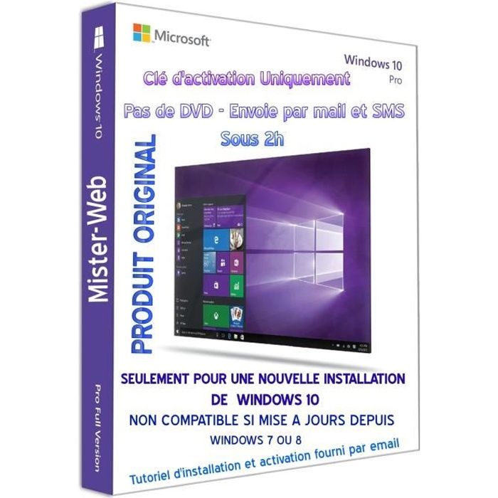 Clé activation Windows 10 Pro 32-64 Bits Clé uniquement pas de CD seulement pour une nouvelle installation de Win10