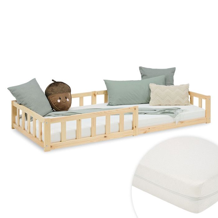 Lit Montessori 90x200 cm en bois naturel avec matelas et barrières Lit Montessori 90x200 cm en bois naturel avec matelas et barrières