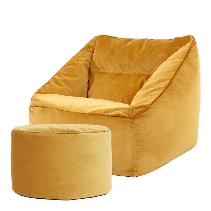 pouf fauteuil en velours natalia et rond repose-pieds - icon - pouf geant pour salon - jaune ocre