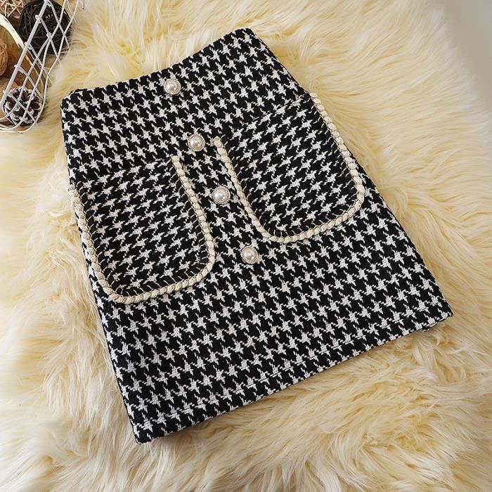 Jupe,Jupe en Tweed pour femmes, Mini jupe taille haute, couleur unie, amincissante, avec boutons 