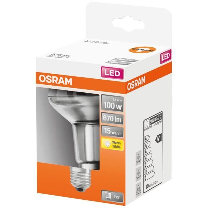 osram spot r80 led verre clair 9,1w e27 670lm 2700k - blanc chaud