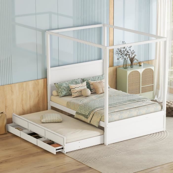 lit à baldaquin 140 x 200, plateforme avec lit simple gigogne et trois rangements, blanc