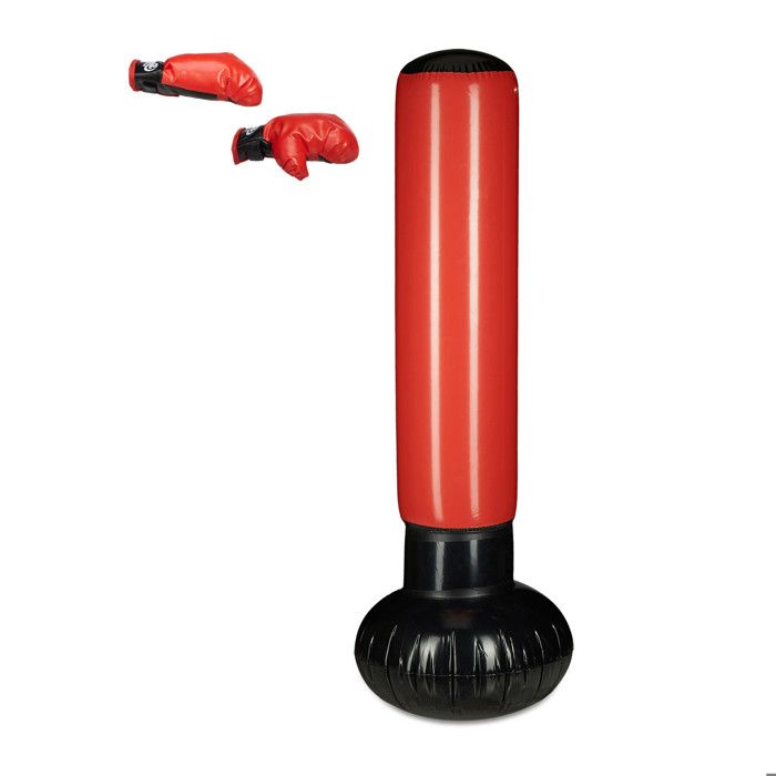 Relaxdays Sac de frappe boxe gonflable punching ball boxe 160 cm de hauteur enfant, noir rouge