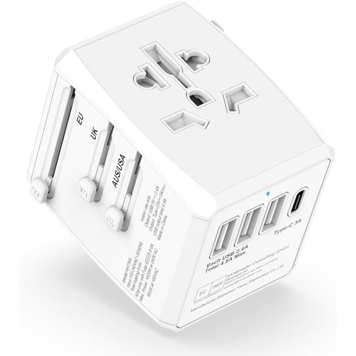 Adaptateur Prise Universelle Voyage – 2 USB + 2 USB-C, Compatible 224+ Pays, Charge Rapide France Vers USA UK EU AUS