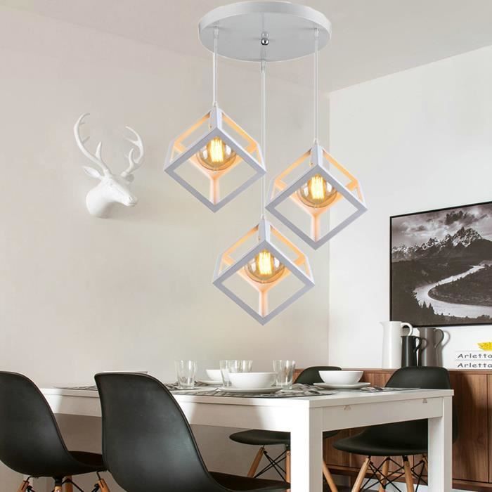 SNO Lustre Cube Rétro Industriel à Disque à 3 Têtes - Ø16cm Blanc E27 Luminaire Suspension en Métal pour Cusine Salon Couloir