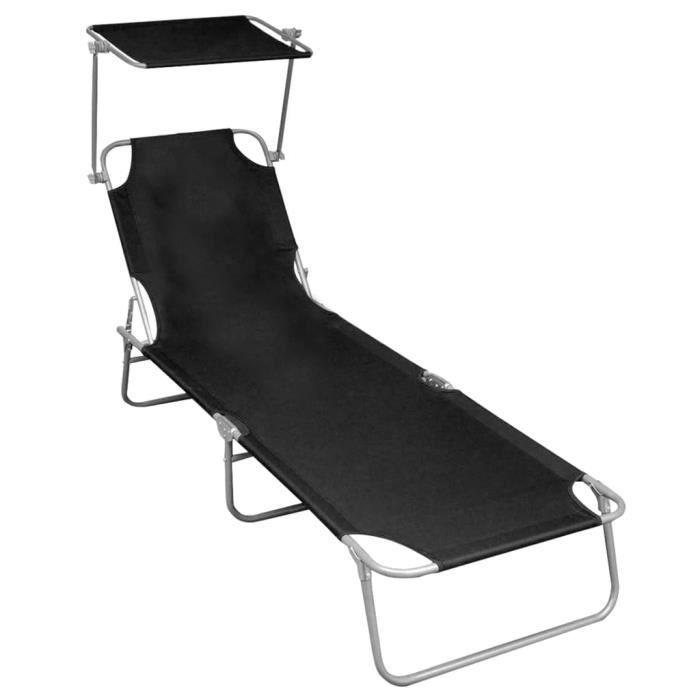 Chaise longue - TMISHION - Pliable - Aluminium enduit de poudre - Dossier réglable - Auvent noir