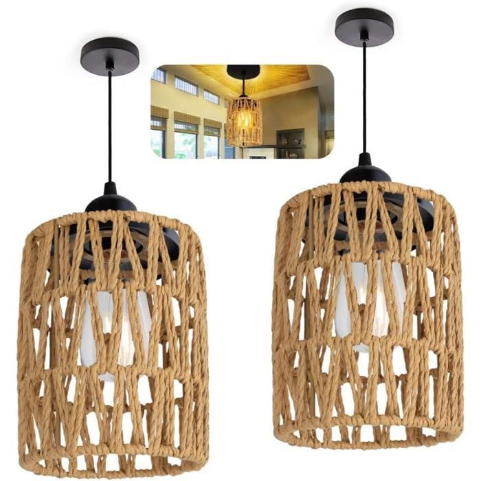 Lot De 2 Abat-jour Boho Tambour - 13x13x10 Pouces - Paille Naturelle - NEUFS