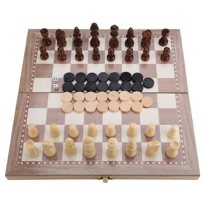 Jeu D'Échecs 3 En 1 Bois - Échecs, Dames, Backgammon | Plateau Pliable 29x29cm Voyage