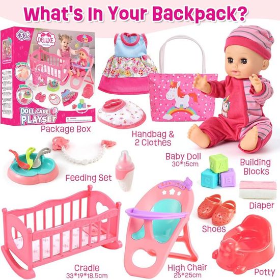 Kit Accessoire Bébé Poupon 30 Cm Avec Son, Couche, Biberon, Lit, Chaise Haute - Cadeau Fille 2-6 Ans, Jeu De Rôle Tout Inclus