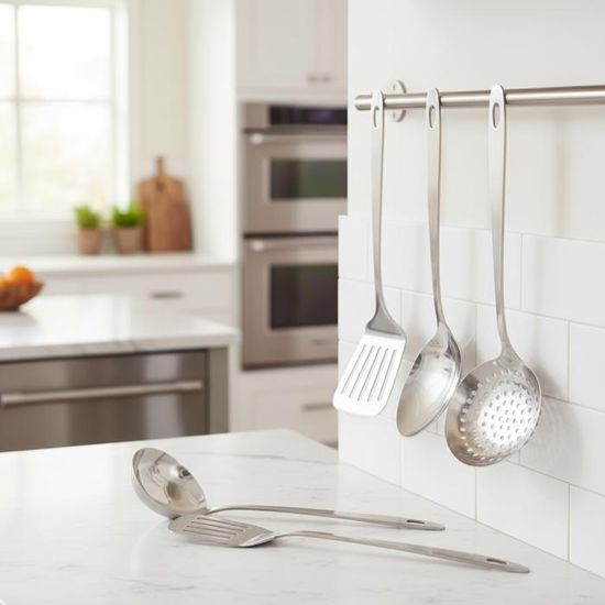 Set Ustensiles Cuisine Fackelmann 6 Pièces - Acier Inoxydable - Écumoire, Fourchette, Pelle, Louche, Cuillères - 28-32cm