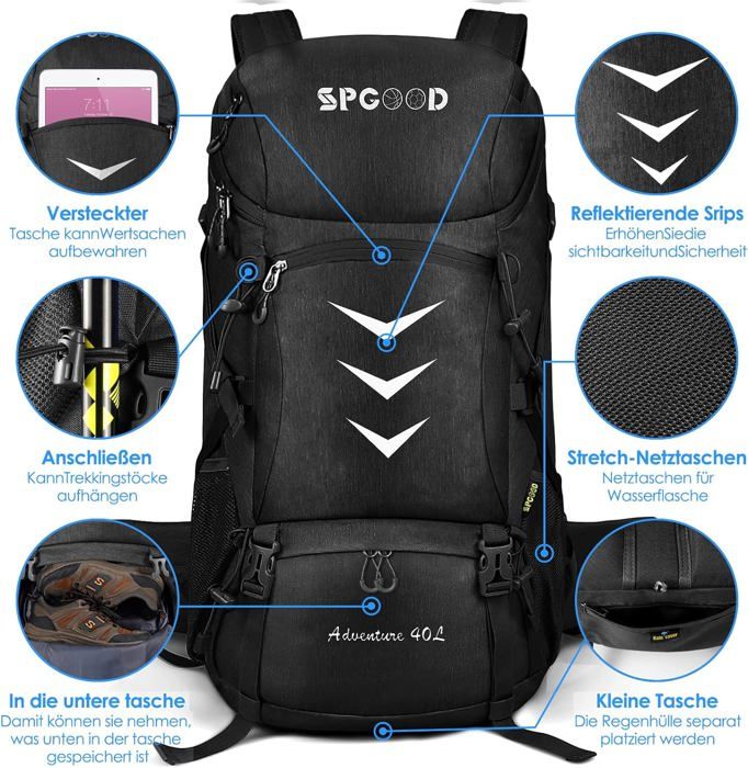 Sac à Dos Randonnée 40L Homme Femme – Grand Volume Trekking Voyage Camping, Imperméable, Confortable Avec Système Ventilation