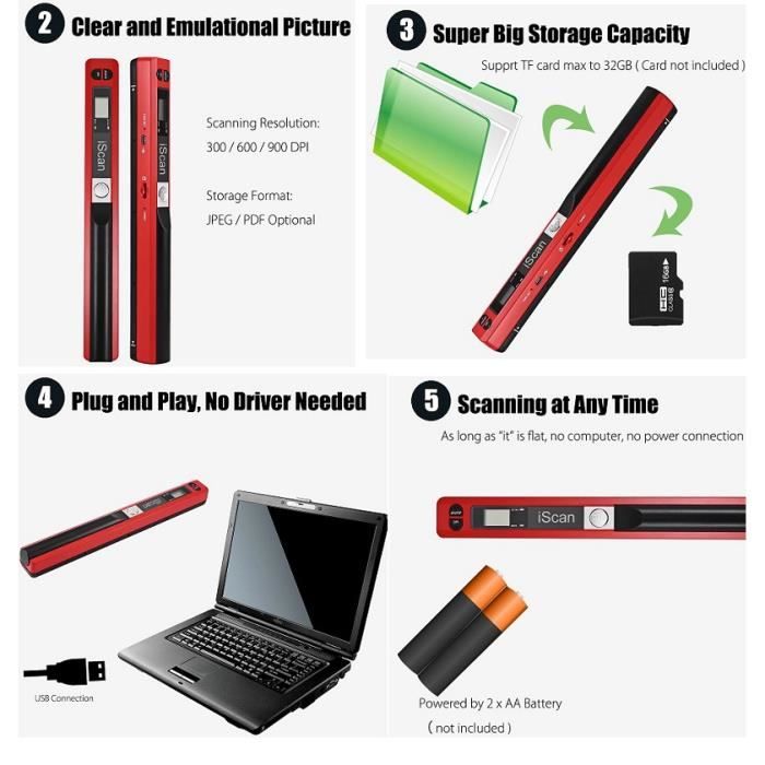 Scanner Portable Sans Fil A4 - 900 DPI, écran LCD, Avec Carte TF 8Go - Pour Documents, Livres, Reçus