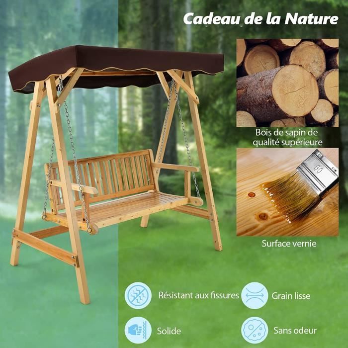 Balançoire Jardin GOPLUS 2/3 Places En Bois - Chaise Suspendue Avec Chaînes Ajustables - 230/360kg Charge (Blanc)