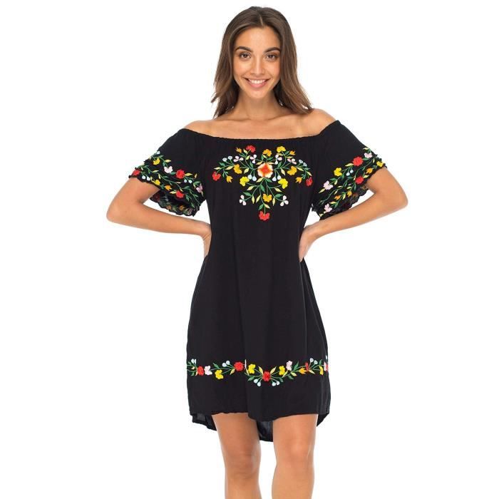 Robe AGV18 Encolure courte mexicaine robe brodee florale Boho Tunique paysanne Taille 36 Noir Cdiscount Pret a Porter