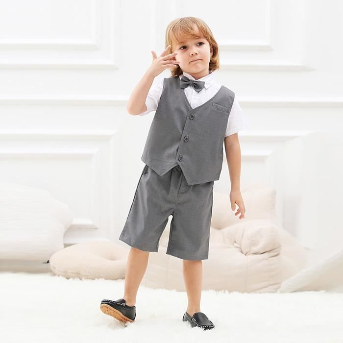 Costume de Mariage pour Enfant Garcons Ensemble 3 Pieces avec Gilet Chemise a Manches Courtes Shorts 1 6 Ans Gris Gris Cdiscount Pret a Porter