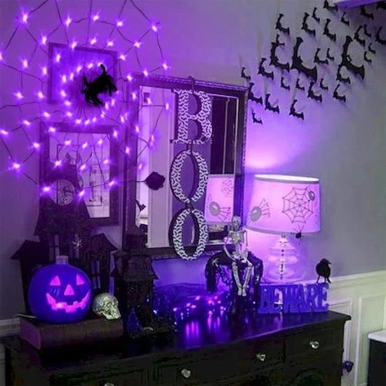 Sapin D'Halloween Noir à Paillettes 61cm - Avec Lumières LED Violettes, Toile D'araignée Et 24 Ornements - Déco Table Fête