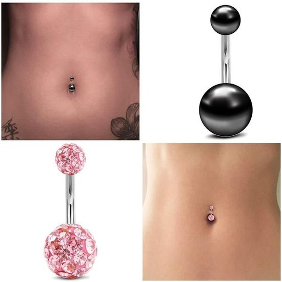 Lot De 2 Piercings De Nombril En Acier Chirurgical 14G - Boule CZ Cristal Et Boule Unie - 11 Couleurs