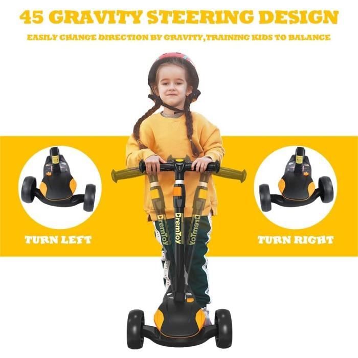 BremToy Trottinette Enfants 1-12 Ans - 3 Roues LED - Siège Amovible - Pliable - Charge 50 Kg - Noir