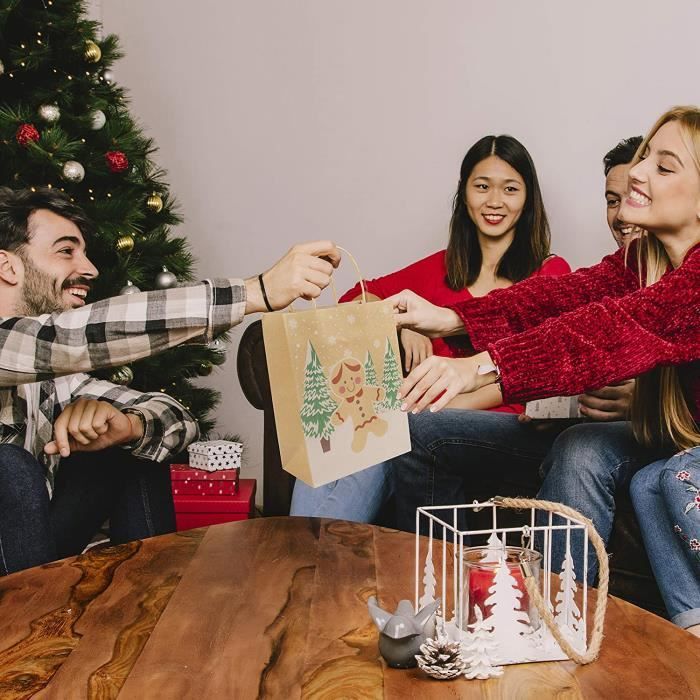 HOWAF Lot de 24 Sacs Cadeaux de Noël en Papier Kraft Pochette Noël