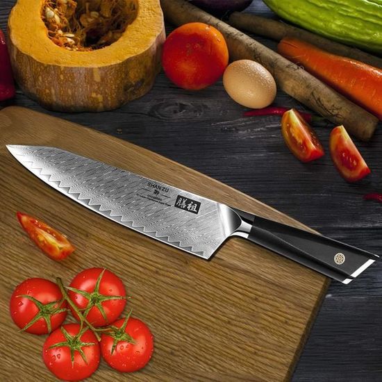 SHAN ZU Couteau de Chef Damas 21 cm, Japonais AUS10 Acier Damas 67 Couche  Acier Couteaux de Cuisine Professionnelle Motif sergé avec G10 Poignée -  GYO Series : : Cuisine et Maison
