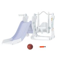 Portique enfant toboggan et balançoire avec panier de basket-ball - aire de jeux 3 en 1 - usage intérieur extérieur - blanc gris