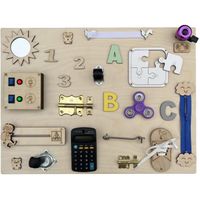 Tableau d'activité en bois LOUANE - BB-BOOM - Calculatrice, Puzzle, Lacets, Engrenages - 50 cm