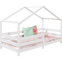 Lit cabane RENA lit simple pour enfant montessori 90 x 190 cm, avec barrières de protection, en pin massif lasuré blanc
