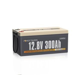 BATTERIE VÉHICULE Power Queen Batterie Lithium LiFePO4 - 12V 300Ah - 3840Wh - BMS 200A - 4000+ Cycles de Recharge - Couleur Gris - L521*P238*H217mm