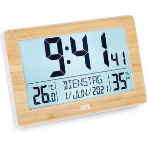 Horloge Reveil Numerique Murale Radiopilotee - Calendrier - 6 Langues - 2  Alarmes - Temperature Ambiante - Murale ou Pied - 24 x 14CM - Motif Bois