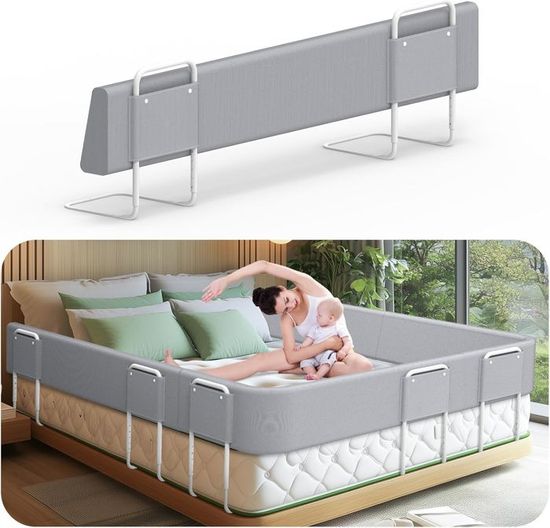 Barrière De Lit Anti-Chute Pour Bébé Et Enfant - Réglable En Hauteur (73-93 Cm), Design Abaissable, Gris Clair, 180 Cm