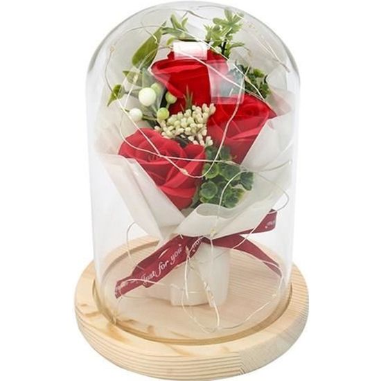 Rose Eternelle sous Cloche,Fleur Artificielle avec Lumineuse LED,Dôme en Verre et Base en Bois,Fête de Cadeaux