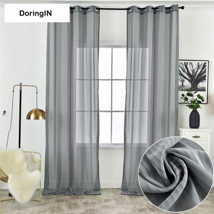 DoringIN-Lot de 2 Rideaux VOILAGE 140*260CM Couleur unie-Raye-douce- Oeillets Isolant-Couleur 2