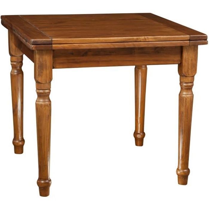 Table à rallonge style champêtre en bois massif de tilleul massif, finition noyer L90xPR90xH80 cm