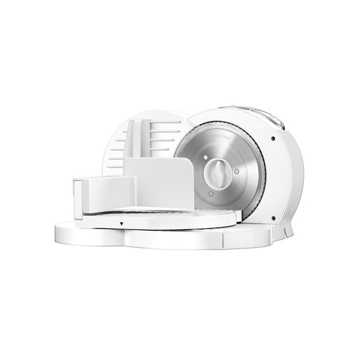MPM MKR-03 Trancheur pliant blanc, épaisseur de coupe réglable 15 mm, disque de coupe 17 cm, 150 W