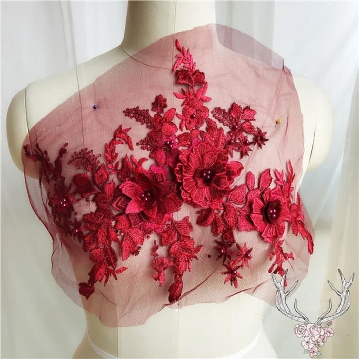 Vin rouge Mode 3D Fleur Dentelle Broderie Applique De Mariée Perlée Perle Strass Tulle DIY Weddin Vin rouge Vin rouge Mode Rouge F