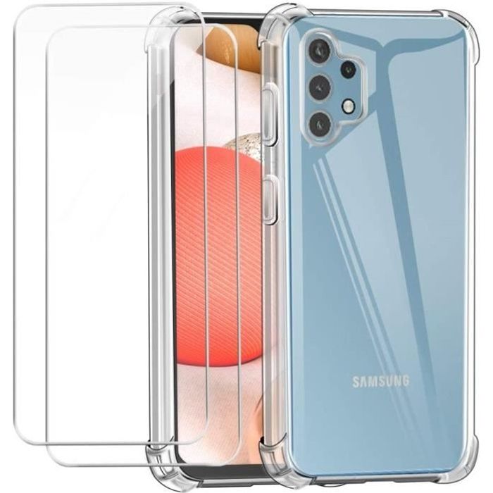 Coque Samsung Galaxy A32 5G Transparente en Silicone à Coussin d'air Ultra-mince Housse + 2 Morceaux de Verre Trempé Film