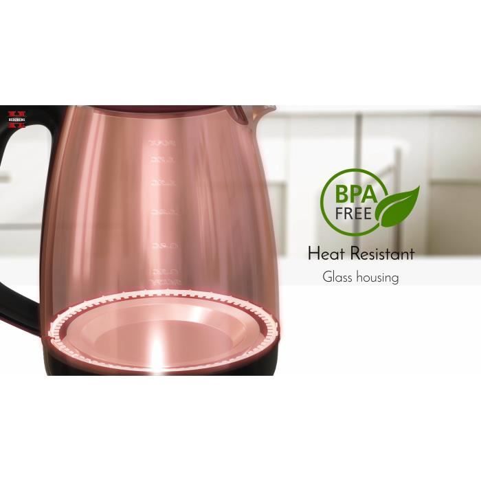 Bouilloire Électrique Design Germanique en Verre Haute Resitance Sans BPA Lumière LED Rouge 1.7L 1850-2200W