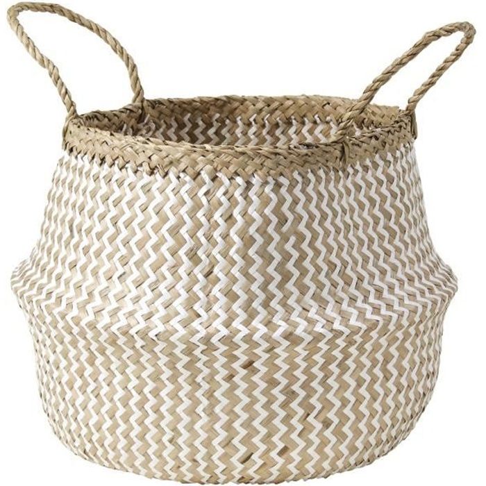 Panier rond tressé jonc de mer naturel et blanc Blanc