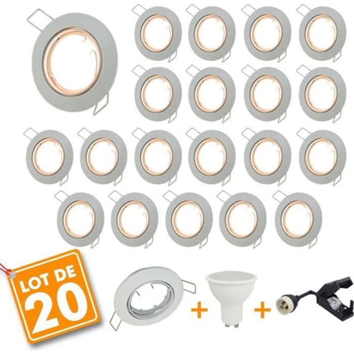 Lot de 20 Spot LED encastrable complet orientable blanc avec Ampoule GU10 230V 5W (Blanc Froid 6000K)