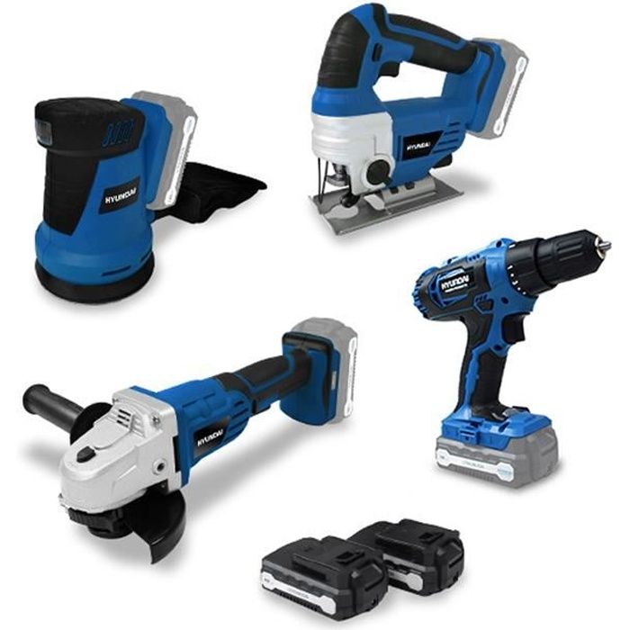 HYUNDAI Pack d'outils 18 V - Perceuse + Meuleuse + Scie sauteuse + Ponceuse HPACK18V4