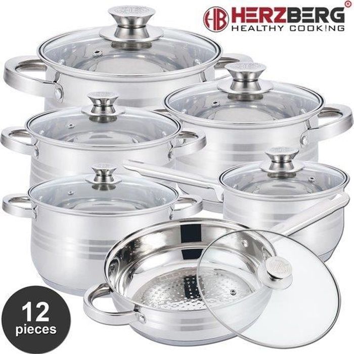 Set Lot 12-piece Batterie de Cuisine induction - Sets de Faitout - Couvercle en verre - Acier inoxydable - Sans PFAS