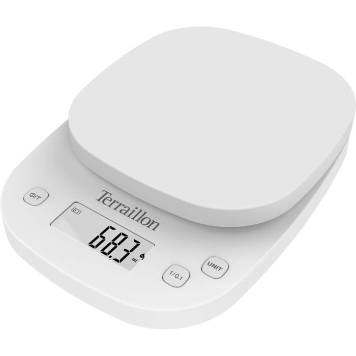 TERRAILLON 14526 - Balance culinaire éléctronique de précision - 2kg - Affichage LCD - 13x12,5x1,2 - Fonction Tare - Blanche