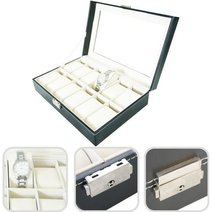 Coffret à Montres, Boite pour Montres et Bracelets, 12 montres et vitre, Noir/Beige, Dimensions: 30 x 20 x 8 cm