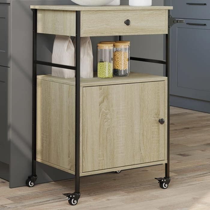 vidaXL Chariot de Cuisine Étagère avec Roues Chariot de Service Meuble de Rangement Salon Salle de Bain Intérieur Chêne 842392
