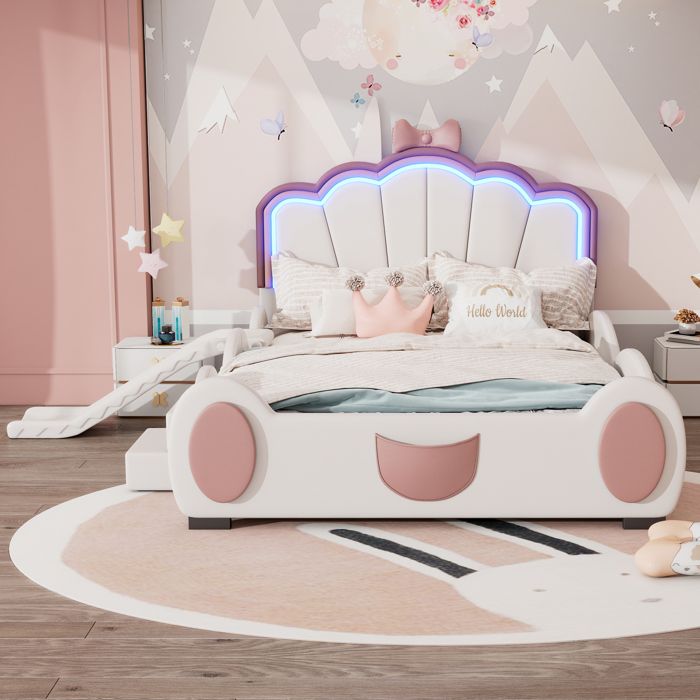 Lit enfant - Similicuir - 140x200cm - LED avec télécommande - Toboggan - Rose