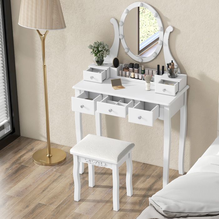 Tabouret Pivotant COSTWAY Avec Rangement Caché – Hauteur Réglable 51-66 Cm – Blanc – Pour Maquillage, Salon, Bureau