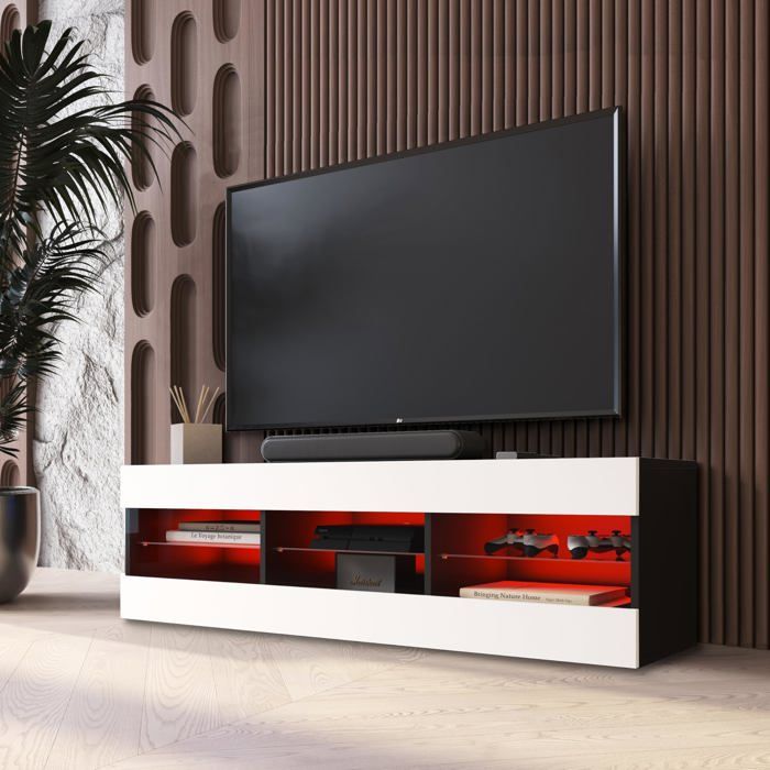 Meuble TV Tivoli RTV Komodee - LED RVB - Blanc et Noir - Facades en Mat - 140 x 41 x 35 cm Meuble TV Tivoli RTV Komodee - LED RVB - Blanc et Noir - Facades en Mat - 140 x 41 x 35 cm