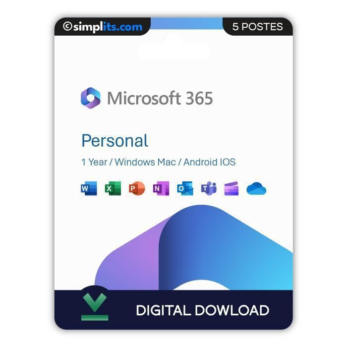 Microsoft Office 365 Personnel – Abonnement 1 an – 5 Appareils – Compatible Windows Mac Android iPhone & iPad
